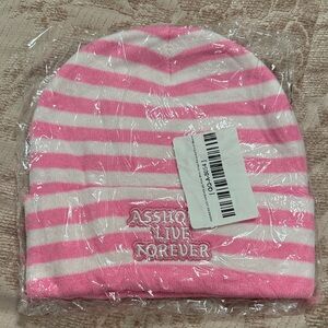 Pink and White Striped Beanie Assholes Live Forever